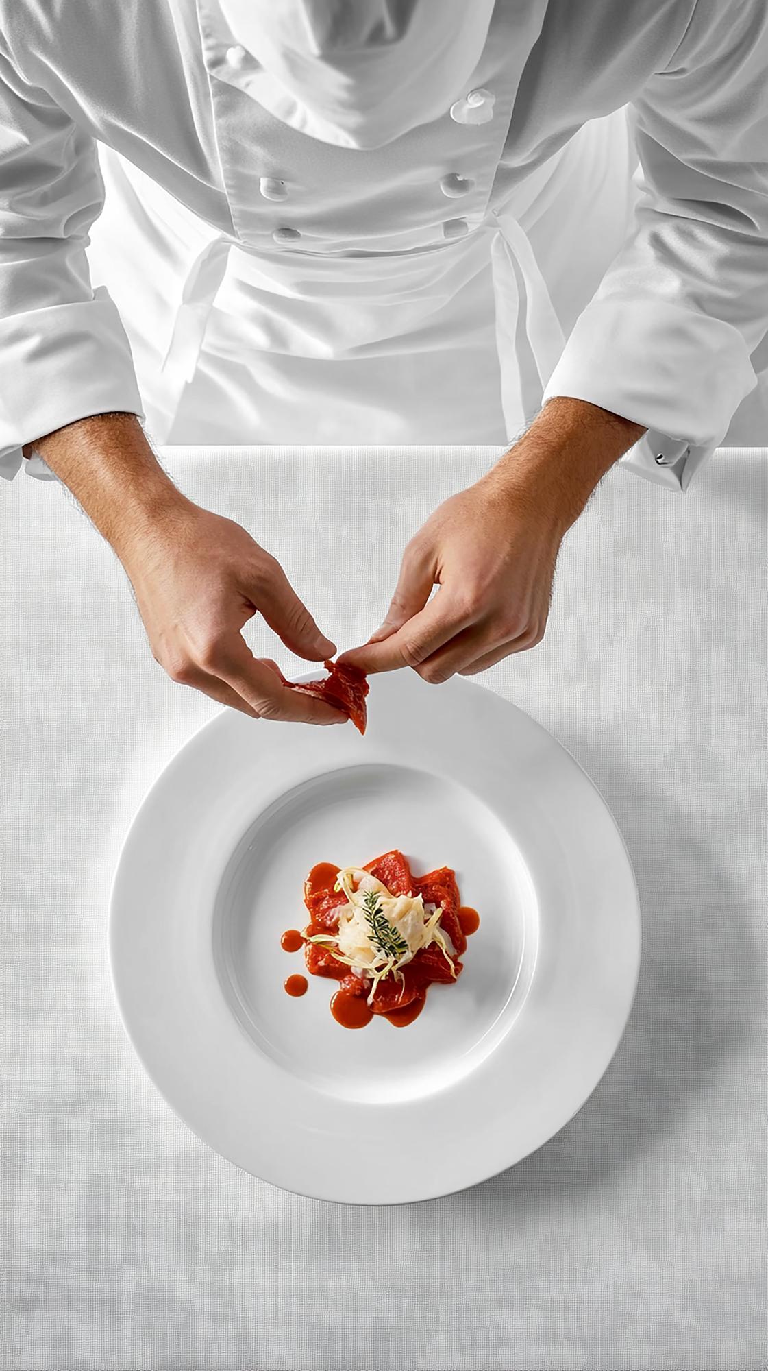 Chef arranging a plated dish in clean kitchen